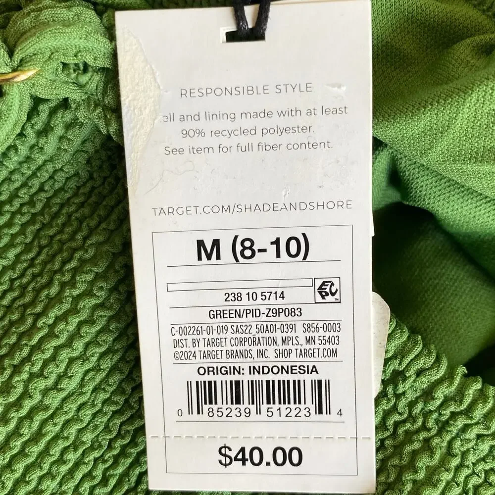 NEW SHADE & SHORE Green One Piece Swim Suit Crinkle Knit Size Medium Adjustable